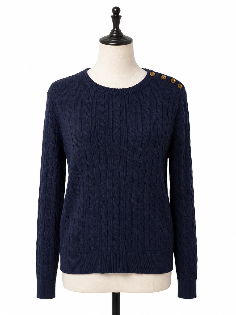 Ralph Lauren Navy Cable-Knit Crew Sweater with Shoulder Buttons